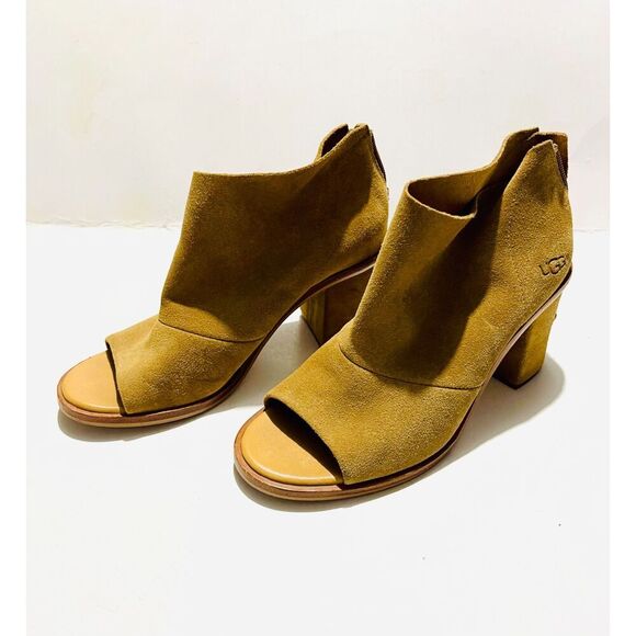 UGG leather shoes open peep toe boots Ginger brown booties Zip up women's 7 - Picture 1 of 11